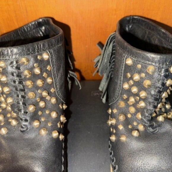 Vintage black leather studded fringe moccasins ankle booties - EU 37 - Picture 14 of 16